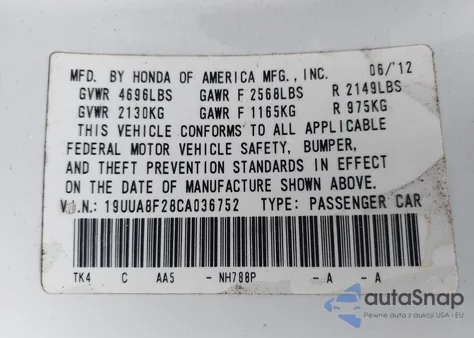 2012 Acura Tl 3.5 from USA, damaged, VIN 19UUA8F28CA036752